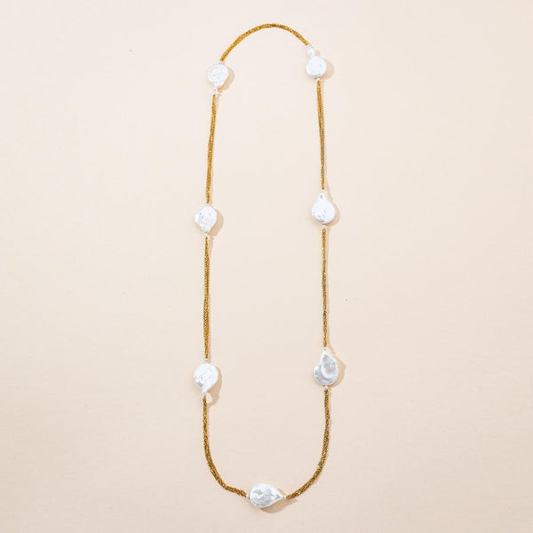 Linton Jewelry Long Chain Baroque Pearl Necklace Yellow Gold