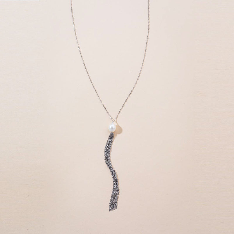 Linton Jewelry Single Pearl Chain Tassel Necklace Sterling Silver