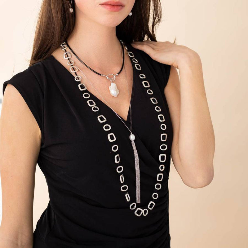 Linton Jewelry Single Pearl Chain Tassel Necklace Sterling Silver