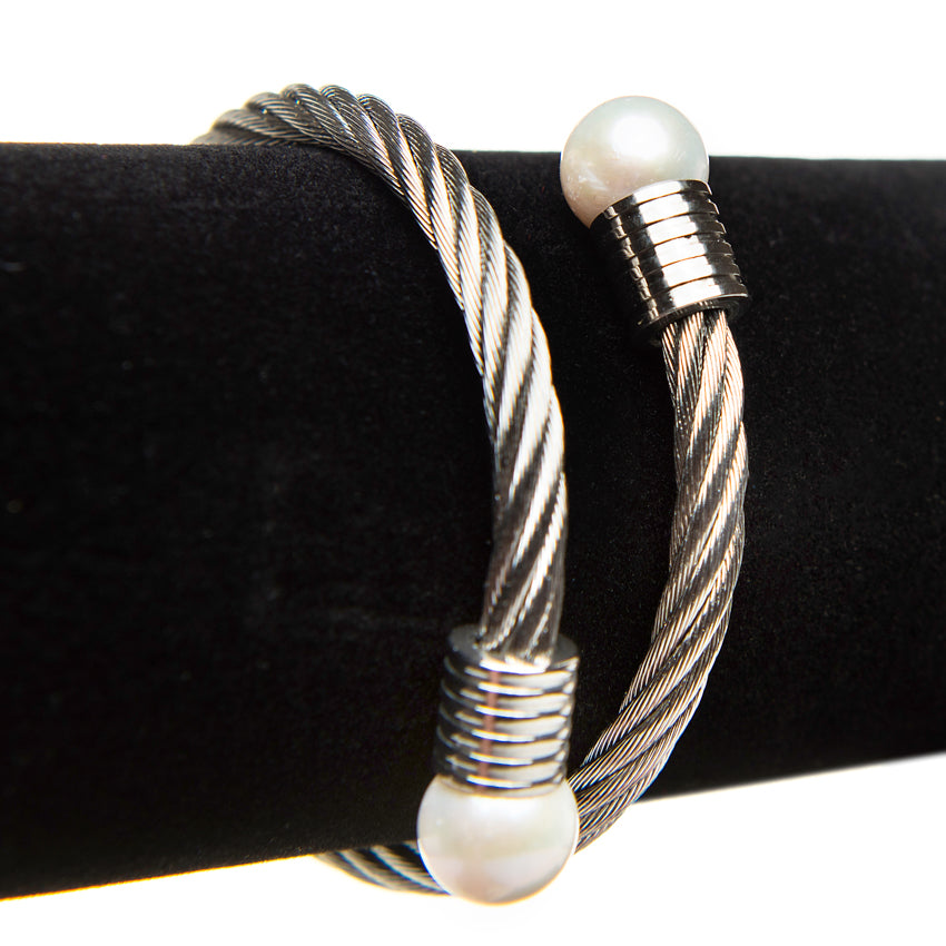 Double Pearl Twist Bangle - Johnny Jewelry