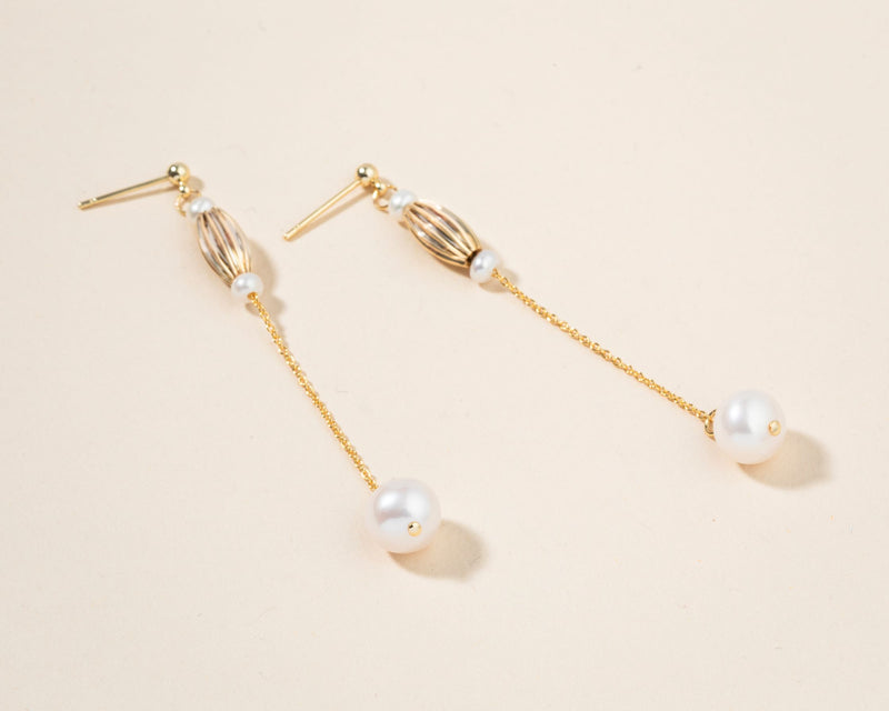 Gold Long Dangle Pearl Earrings