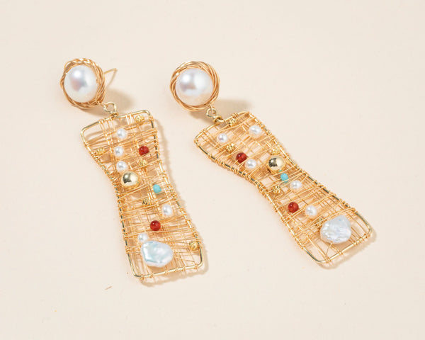 Gold Pearl Colorful Drop Earrings