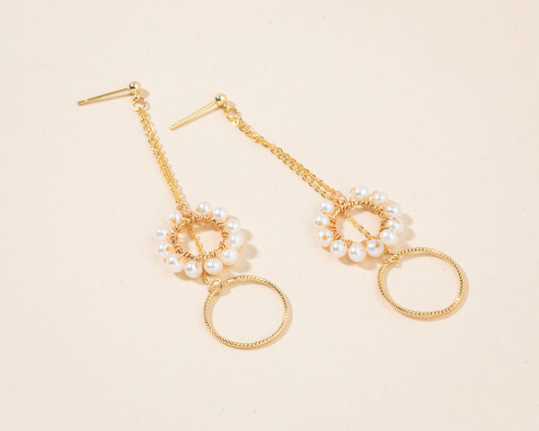 Gold Double Rings Dangle Pearl Earrings
