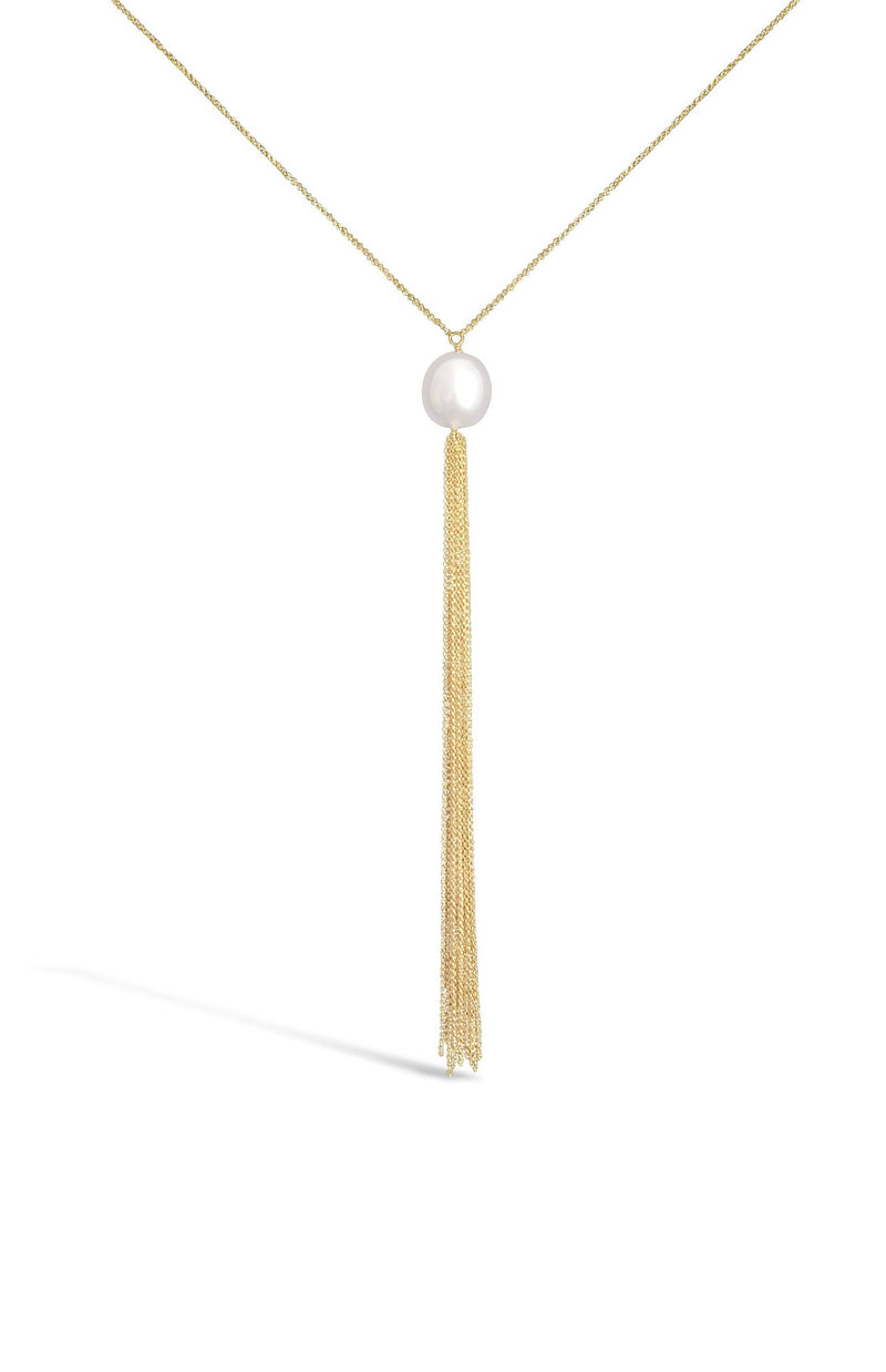 Linton Jewelry Single Pearl Chain Tassel Necklace Yellow Gold